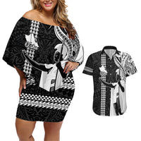 Hawaii Oahu Island Couples Matching Off Shoulder Short Dress and Hawaiian Shirt Hawaiian King and Kakau Symbols Abstract Shoulder Tattoo LT03 Black - Polynesian Pride