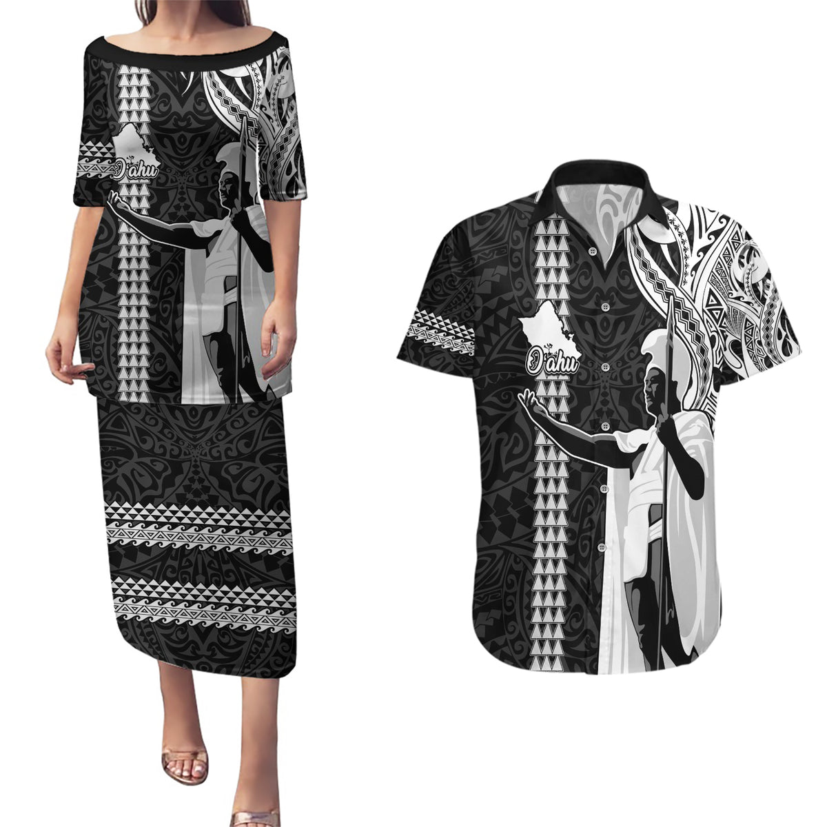 Hawaii Oahu Island Couples Matching Puletasi Dress and Hawaiian Shirt Hawaiian King and Kakau Symbols Abstract Shoulder Tattoo LT03 Black - Polynesian Pride