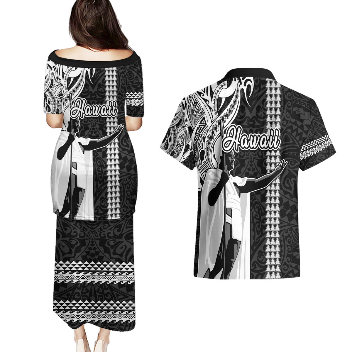 Hawaii Oahu Island Couples Matching Puletasi Dress and Hawaiian Shirt Hawaiian King and Kakau Symbols Abstract Shoulder Tattoo LT03 - Polynesian Pride