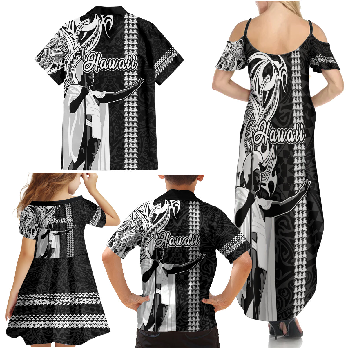 Hawaii Oahu Island Family Matching Summer Maxi Dress and Hawaiian Shirt Hawaiian King and Kakau Symbols Abstract Shoulder Tattoo LT03 - Polynesian Pride