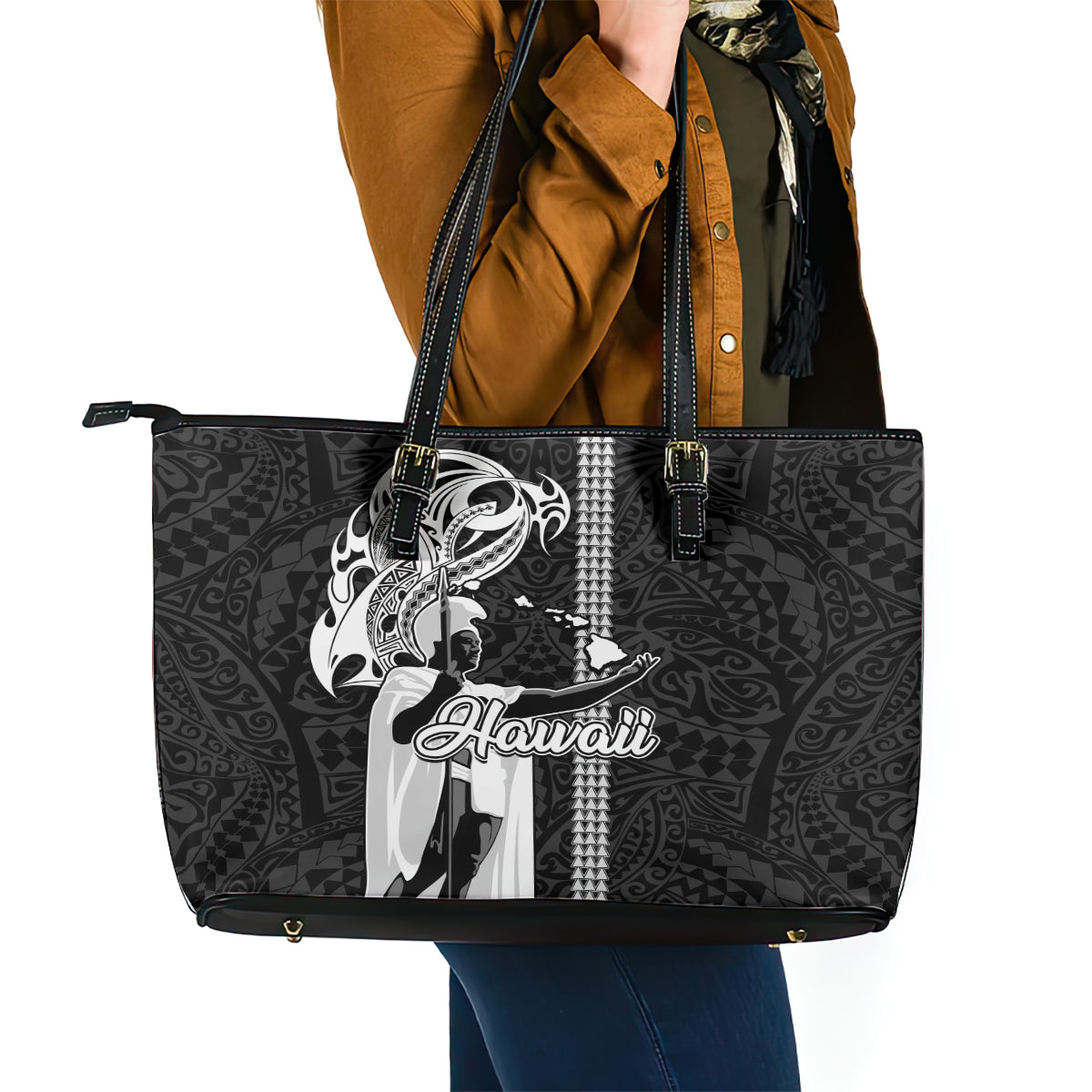Hawaii Oahu Island Leather Tote Bag Hawaiian King and Kakau Symbols Abstract Shoulder Tattoo LT03 - Polynesian Pride