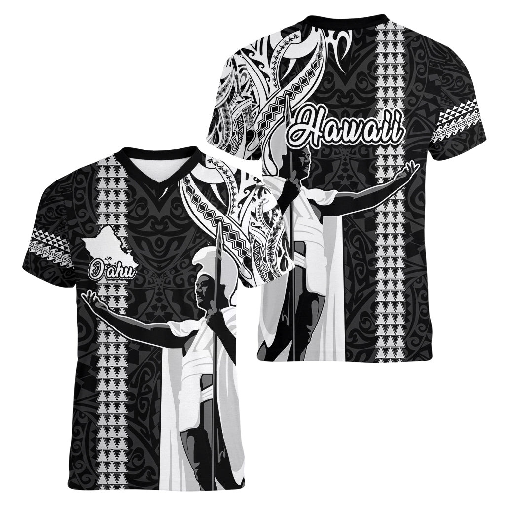 Hawaii Oahu Island Women V Neck T Shirt Hawaiian King and Kakau Symbols Abstract Shoulder Tattoo LT03 - Polynesian Pride
