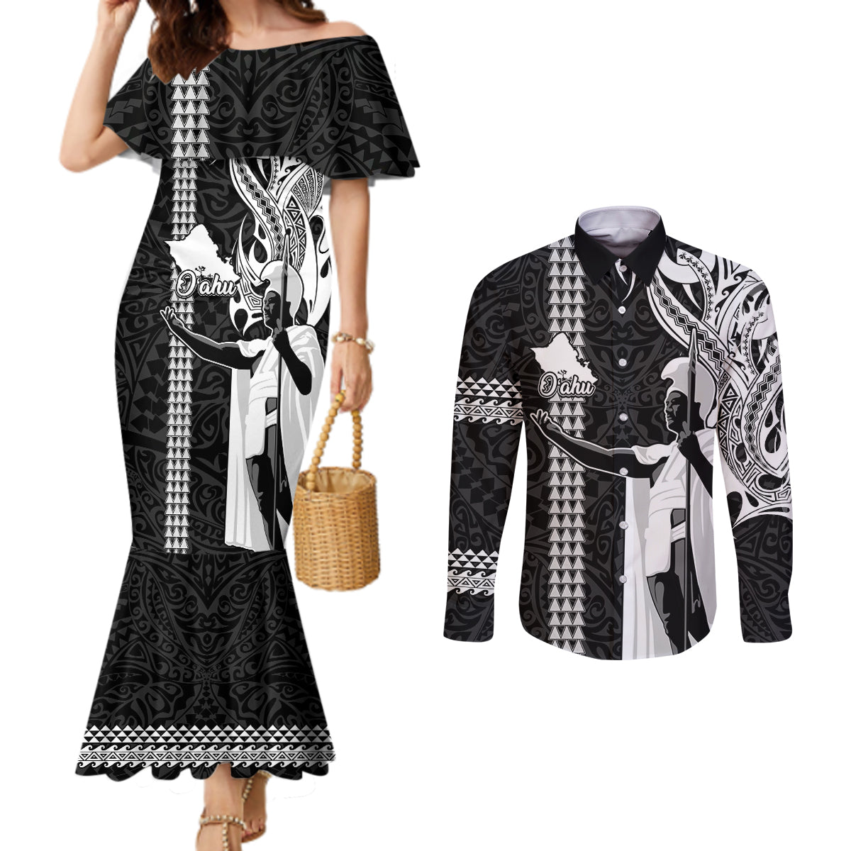 Custom Hawaii Oahu Island Couples Matching Mermaid Dress and Long Sleeve Button Shirts Hawaiian King and Kakau Symbols Abstract Shoulder Tattoo LT03 Black - Polynesian Pride