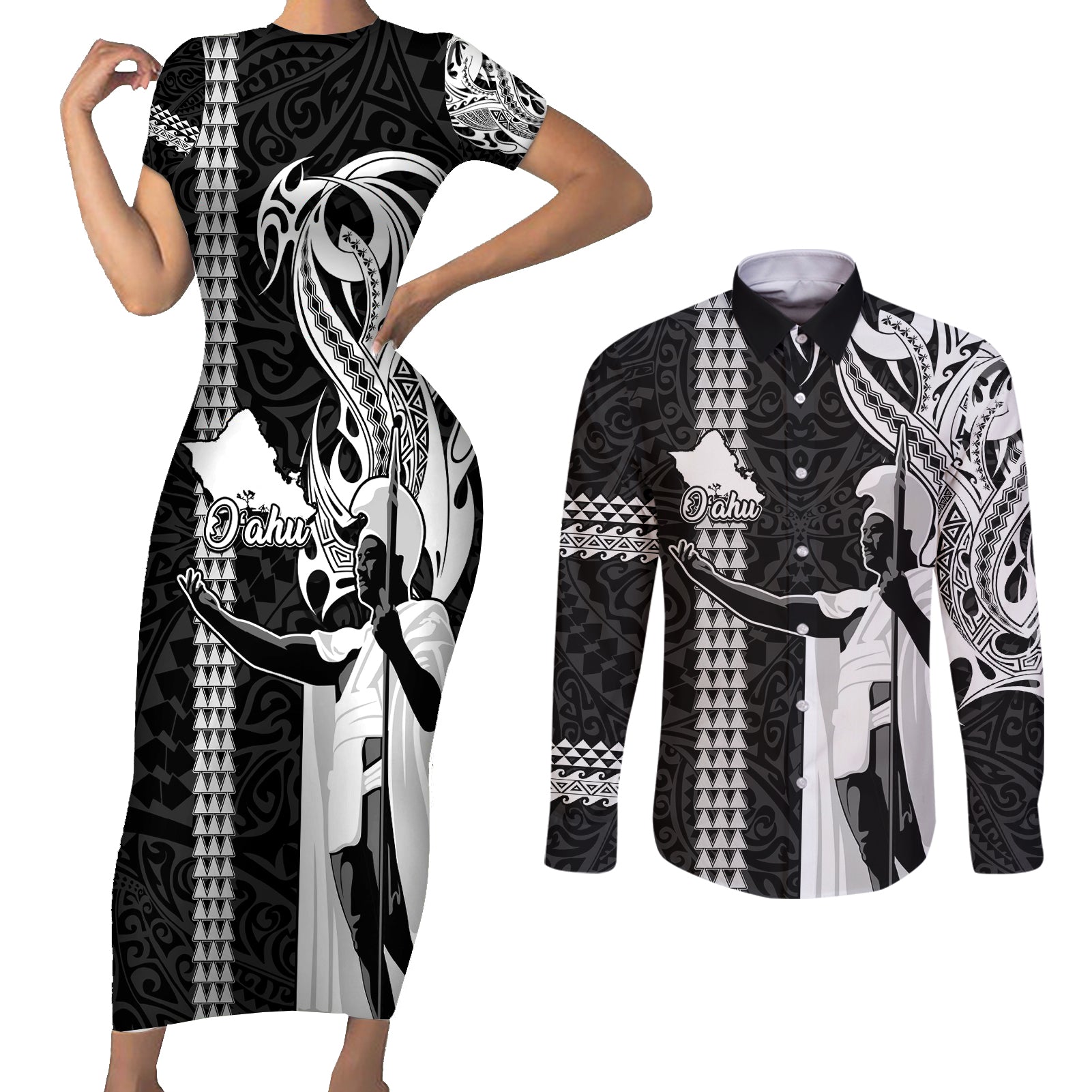 Custom Hawaii Oahu Island Couples Matching Short Sleeve Bodycon Dress and Long Sleeve Button Shirts Hawaiian King and Kakau Symbols Abstract Shoulder Tattoo LT03 Black - Polynesian Pride