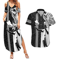 Custom Hawaii Oahu Island Couples Matching Summer Maxi Dress and Hawaiian Shirt Hawaiian King and Kakau Symbols Abstract Shoulder Tattoo LT03 Black - Polynesian Pride