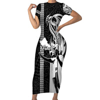Custom Hawaii Oahu Island Short Sleeve Bodycon Dress Hawaiian King and Kakau Symbols Abstract Shoulder Tattoo LT03 Long Dress Black - Polynesian Pride