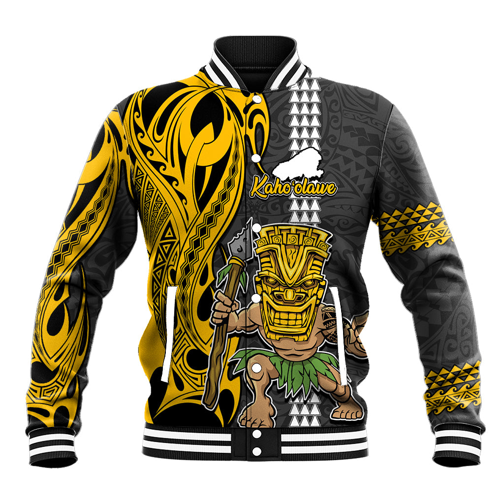 Hawaii Kahoolawe Island Baseball Jacket Hawaiian Warrior and Kakau Symbols Abstract Tattoo LT03 Unisex Yellow - Polynesian Pride