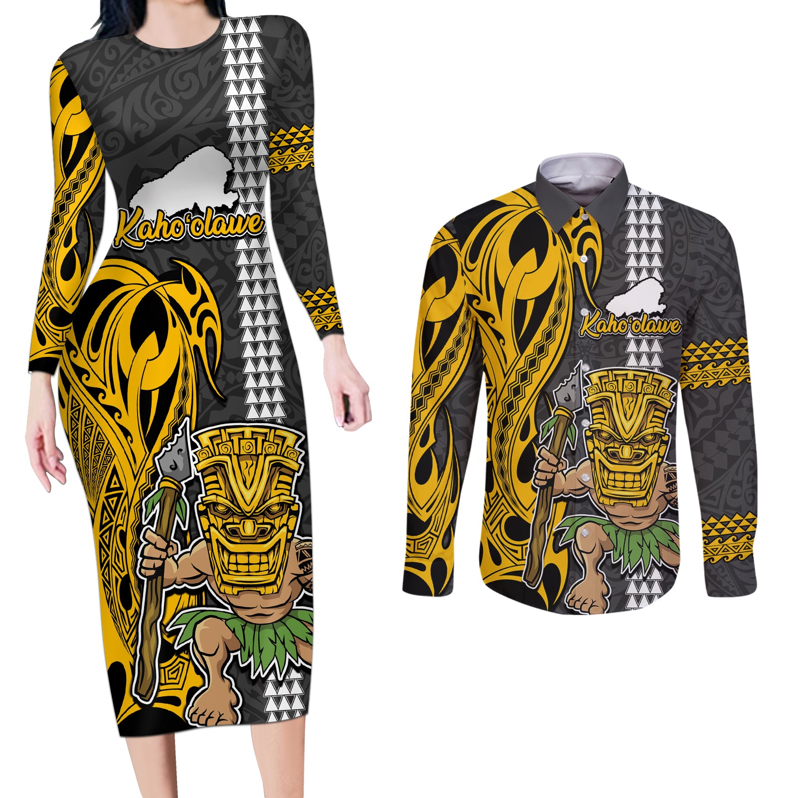 Hawaii Kahoolawe Island Couples Matching Long Sleeve Bodycon Dress and Long Sleeve Button Shirts Hawaiian Warrior and Kakau Symbols Abstract Tattoo LT03 Yellow - Polynesian Pride