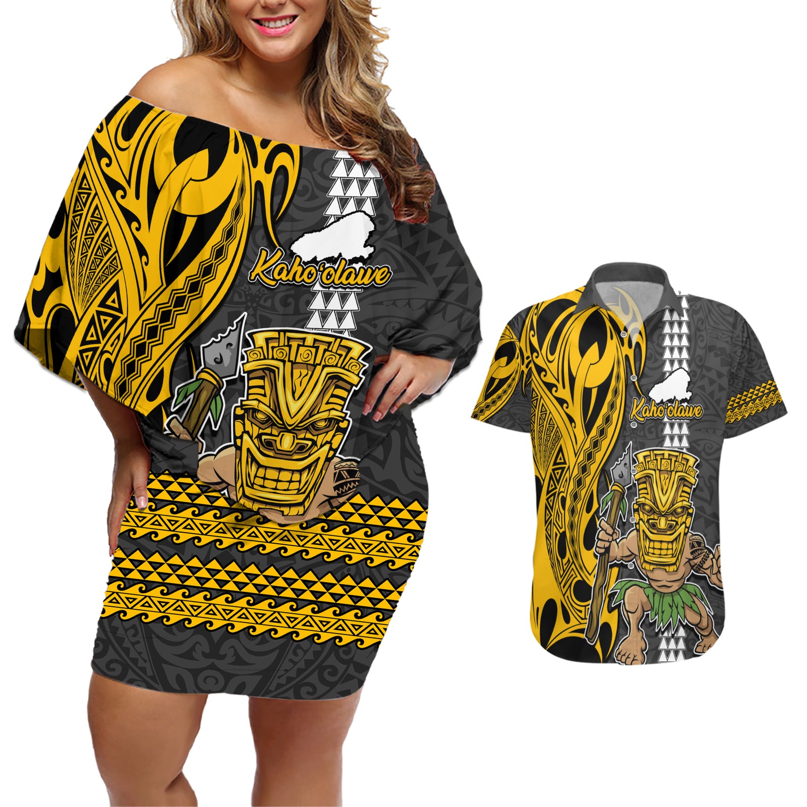 Hawaii Kahoolawe Island Couples Matching Off Shoulder Short Dress and Hawaiian Shirt Hawaiian Warrior and Kakau Symbols Abstract Tattoo LT03 Yellow - Polynesian Pride