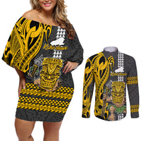 Hawaii Kahoolawe Island Couples Matching Off Shoulder Short Dress and Long Sleeve Button Shirts Hawaiian Warrior and Kakau Symbols Abstract Tattoo LT03 Yellow - Polynesian Pride