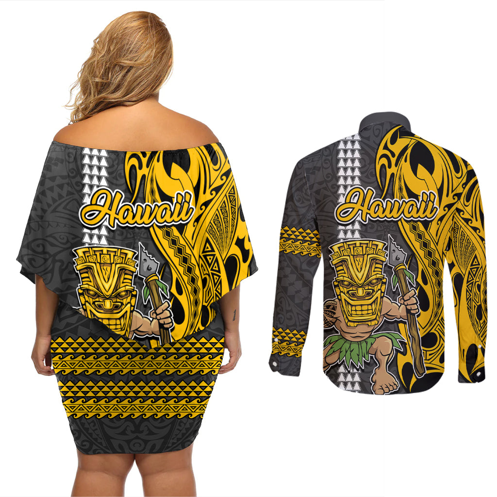 Hawaii Kahoolawe Island Couples Matching Off Shoulder Short Dress and Long Sleeve Button Shirts Hawaiian Warrior and Kakau Symbols Abstract Tattoo LT03 - Polynesian Pride