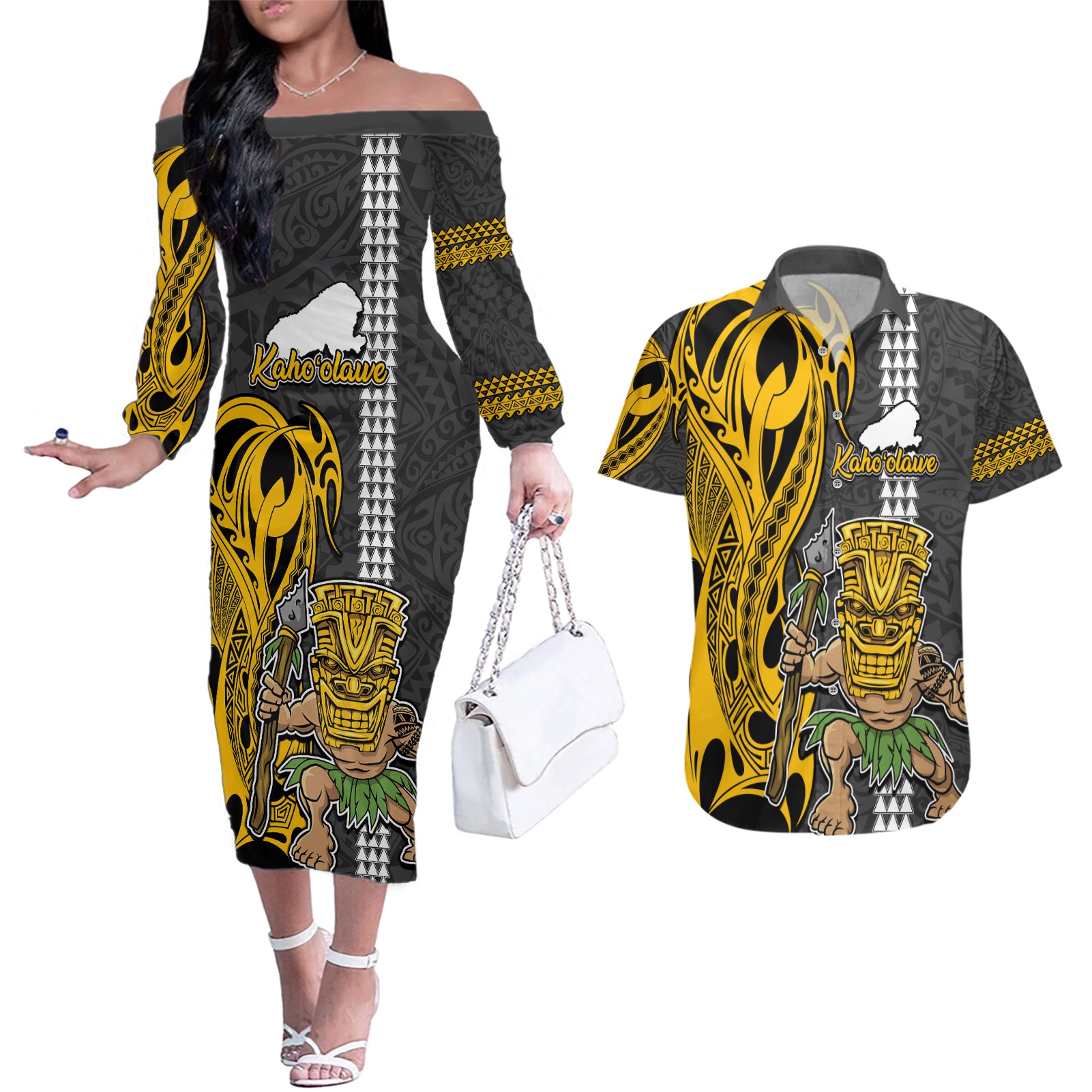 Hawaii Kahoolawe Island Couples Matching Off The Shoulder Long Sleeve Dress and Hawaiian Shirt Hawaiian Warrior and Kakau Symbols Abstract Tattoo LT03 Yellow - Polynesian Pride