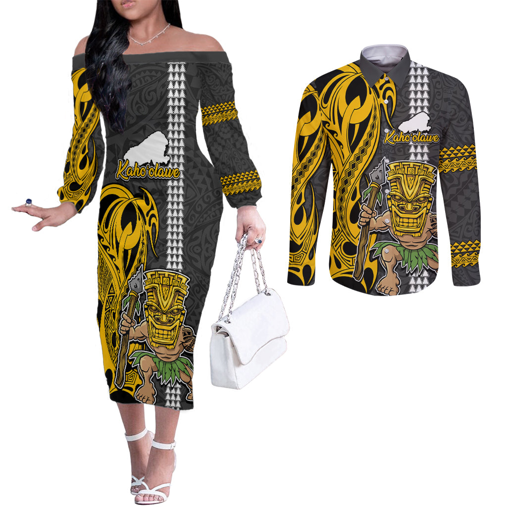 Hawaii Kahoolawe Island Couples Matching Off The Shoulder Long Sleeve Dress and Long Sleeve Button Shirts Hawaiian Warrior and Kakau Symbols Abstract Tattoo LT03 Yellow - Polynesian Pride