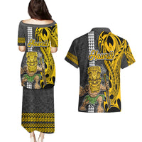 Hawaii Kahoolawe Island Couples Matching Puletasi Dress and Hawaiian Shirt Hawaiian Warrior and Kakau Symbols Abstract Tattoo LT03 - Polynesian Pride