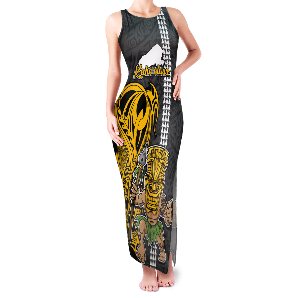 Hawaii Kahoolawe Island Family Matching Tank Maxi Dress and Hawaiian Shirt Hawaiian Warrior and Kakau Symbols Abstract Tattoo LT03 Mom's Dress Yellow - Polynesian Pride