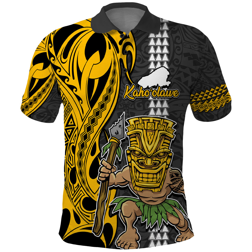 Hawaii Kahoolawe Island Polo Shirt Hawaiian Warrior and Kakau Symbols Abstract Tattoo LT03 Yellow - Polynesian Pride