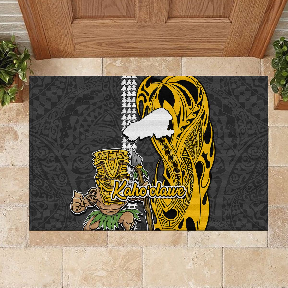 Hawaii Kahoolawe Island Rubber Doormat Hawaiian Warrior and Kakau Symbols Abstract Tattoo LT03 - Polynesian Pride