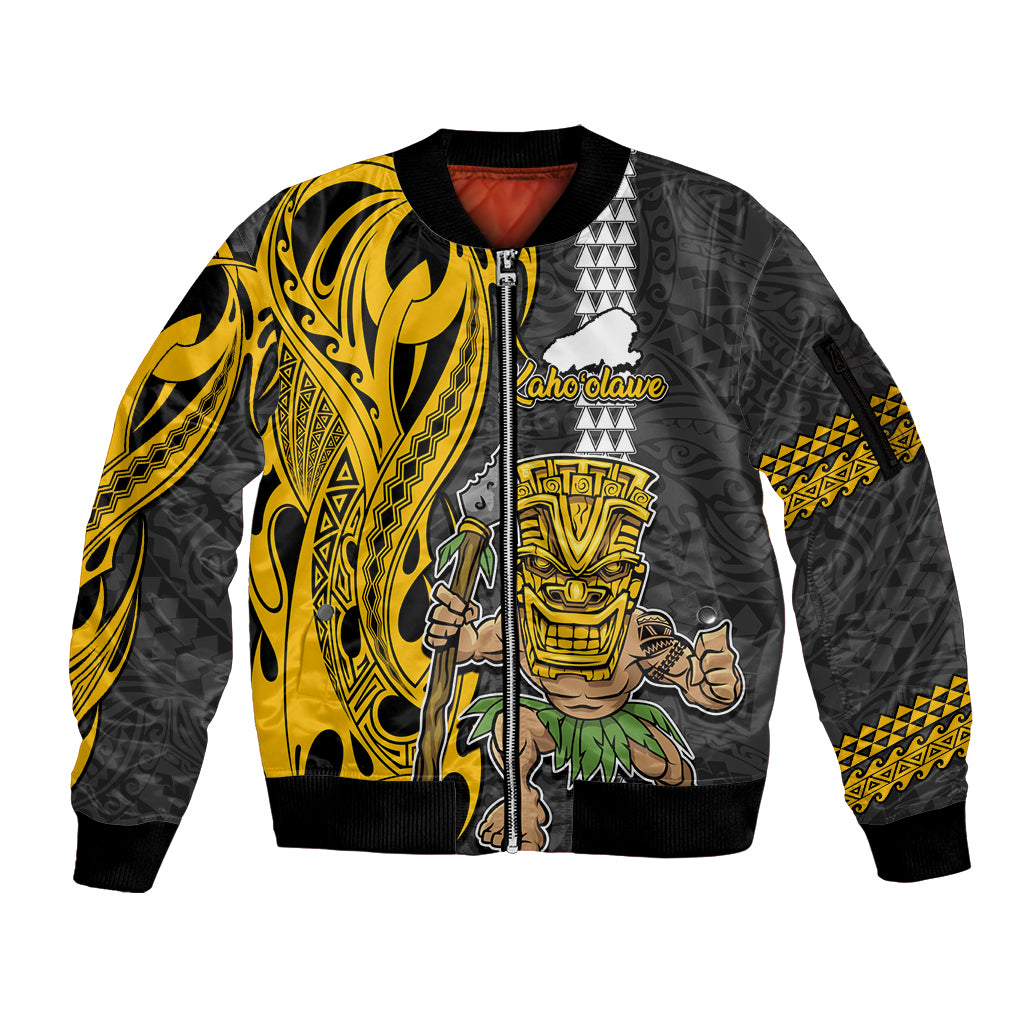 Hawaii Kahoolawe Island Sleeve Zip Bomber Jacket Hawaiian Warrior and Kakau Symbols Abstract Tattoo LT03 Unisex Yellow - Polynesian Pride