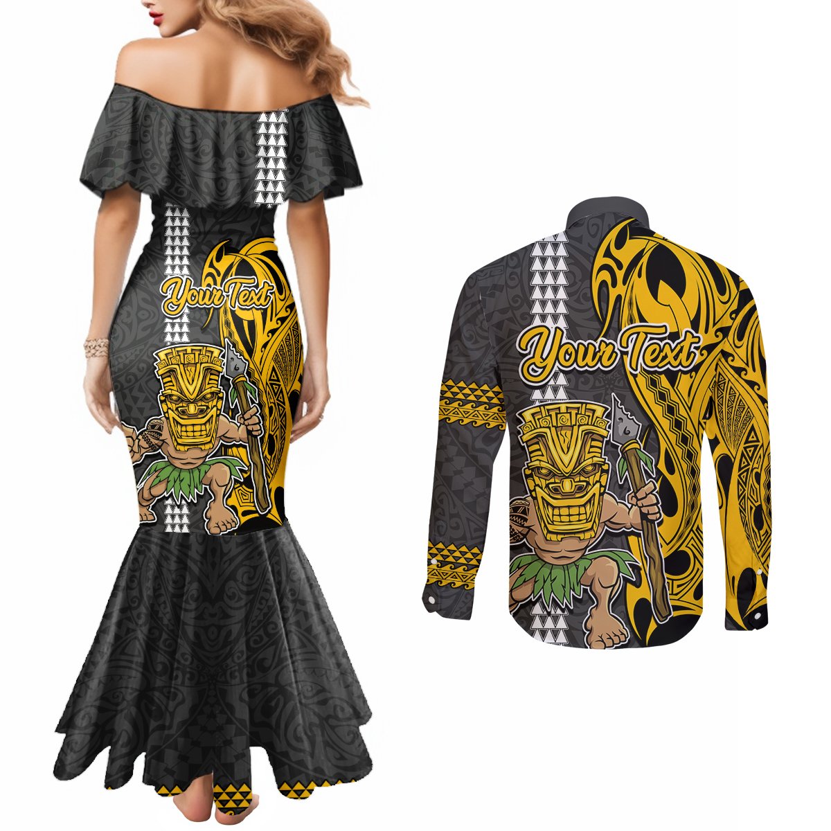Custom Hawaii Kahoolawe Island Couples Matching Mermaid Dress and Long Sleeve Button Shirts Hawaiian Warrior and Kakau Symbols Abstract Tattoo LT03 - Polynesian Pride