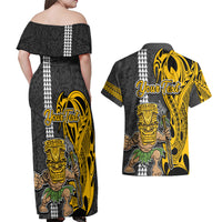 Custom Hawaii Kahoolawe Island Couples Matching Off Shoulder Maxi Dress and Hawaiian Shirt Hawaiian Warrior and Kakau Symbols Abstract Tattoo LT03 - Polynesian Pride