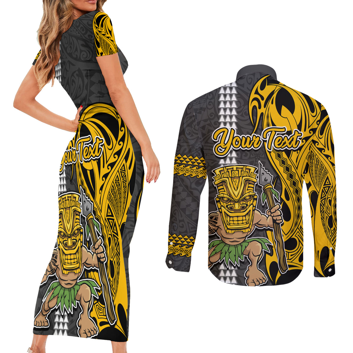 Custom Hawaii Kahoolawe Island Couples Matching Short Sleeve Bodycon Dress and Long Sleeve Button Shirts Hawaiian Warrior and Kakau Symbols Abstract Tattoo LT03 - Polynesian Pride