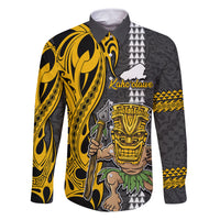 Custom Hawaii Kahoolawe Island Family Matching Long Sleeve Bodycon Dress and Hawaiian Shirt Hawaiian Warrior and Kakau Symbols Abstract Tattoo LT03 Dad's Shirt - Long Sleeve Yellow - Polynesian Pride