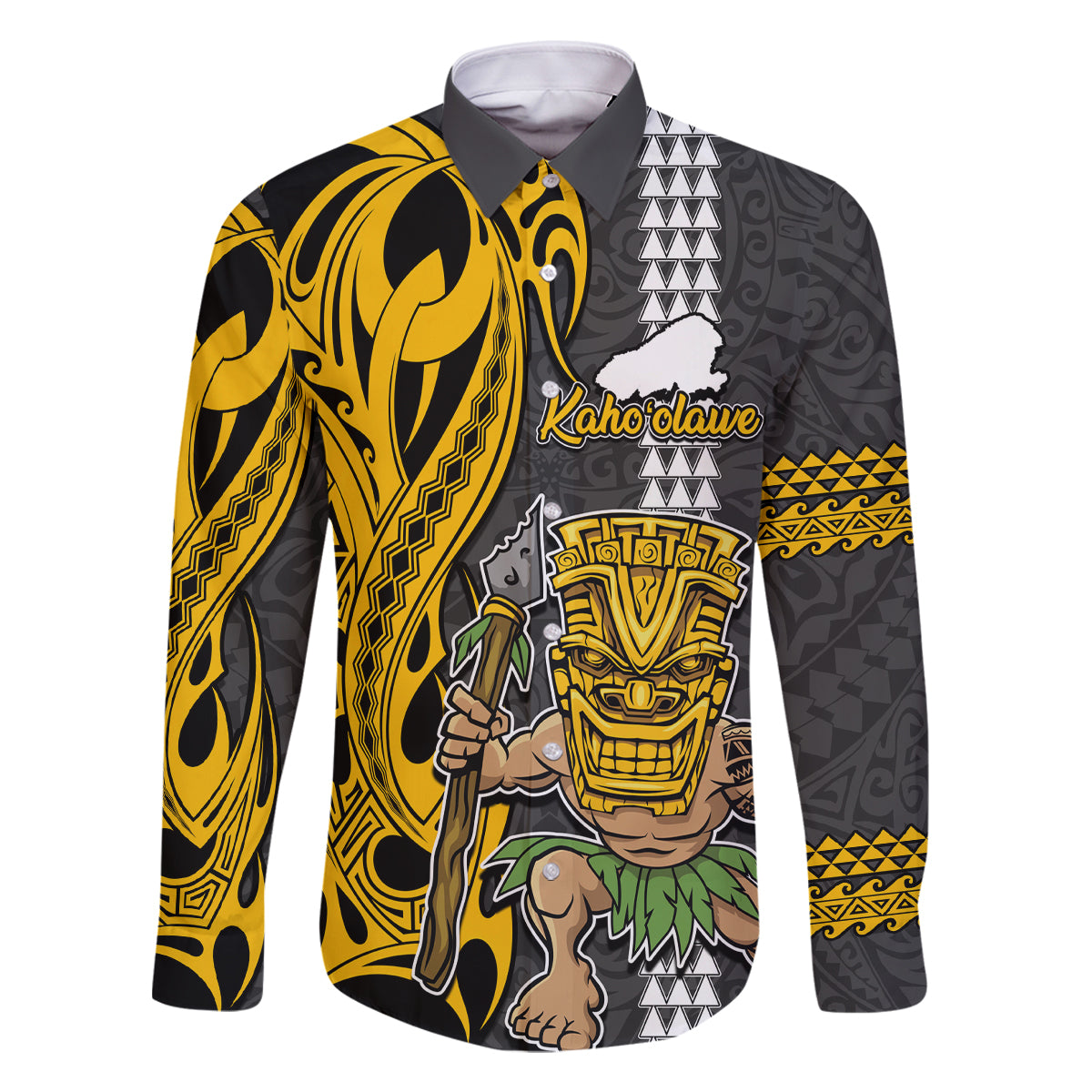 Custom Hawaii Kahoolawe Island Family Matching Tank Maxi Dress and Hawaiian Shirt Hawaiian Warrior and Kakau Symbols Abstract Tattoo LT03 Dad's Shirt - Long Sleeve Yellow - Polynesian Pride