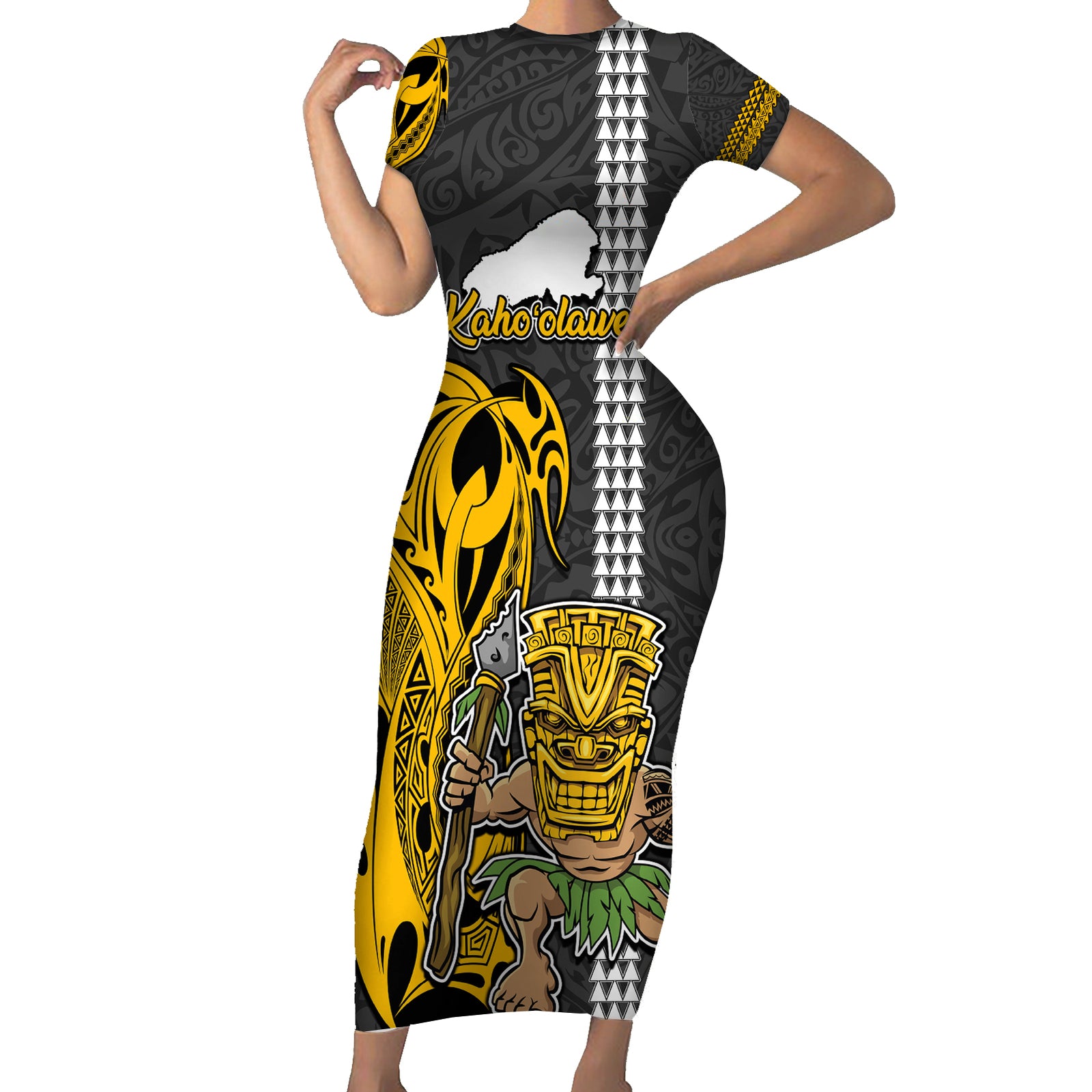 Custom Hawaii Kahoolawe Island Short Sleeve Bodycon Dress Hawaiian Warrior and Kakau Symbols Abstract Tattoo LT03 Long Dress Yellow - Polynesian Pride
