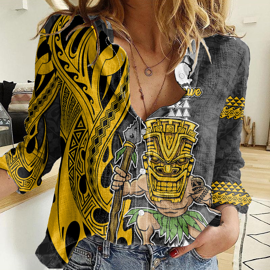 Custom Hawaii Kahoolawe Island Women Casual Shirt Hawaiian Warrior and Kakau Symbols Abstract Tattoo LT03 Female Yellow - Polynesian Pride