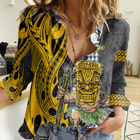 Custom Hawaii Kahoolawe Island Women Casual Shirt Hawaiian Warrior and Kakau Symbols Abstract Tattoo LT03 Female Yellow - Polynesian Pride