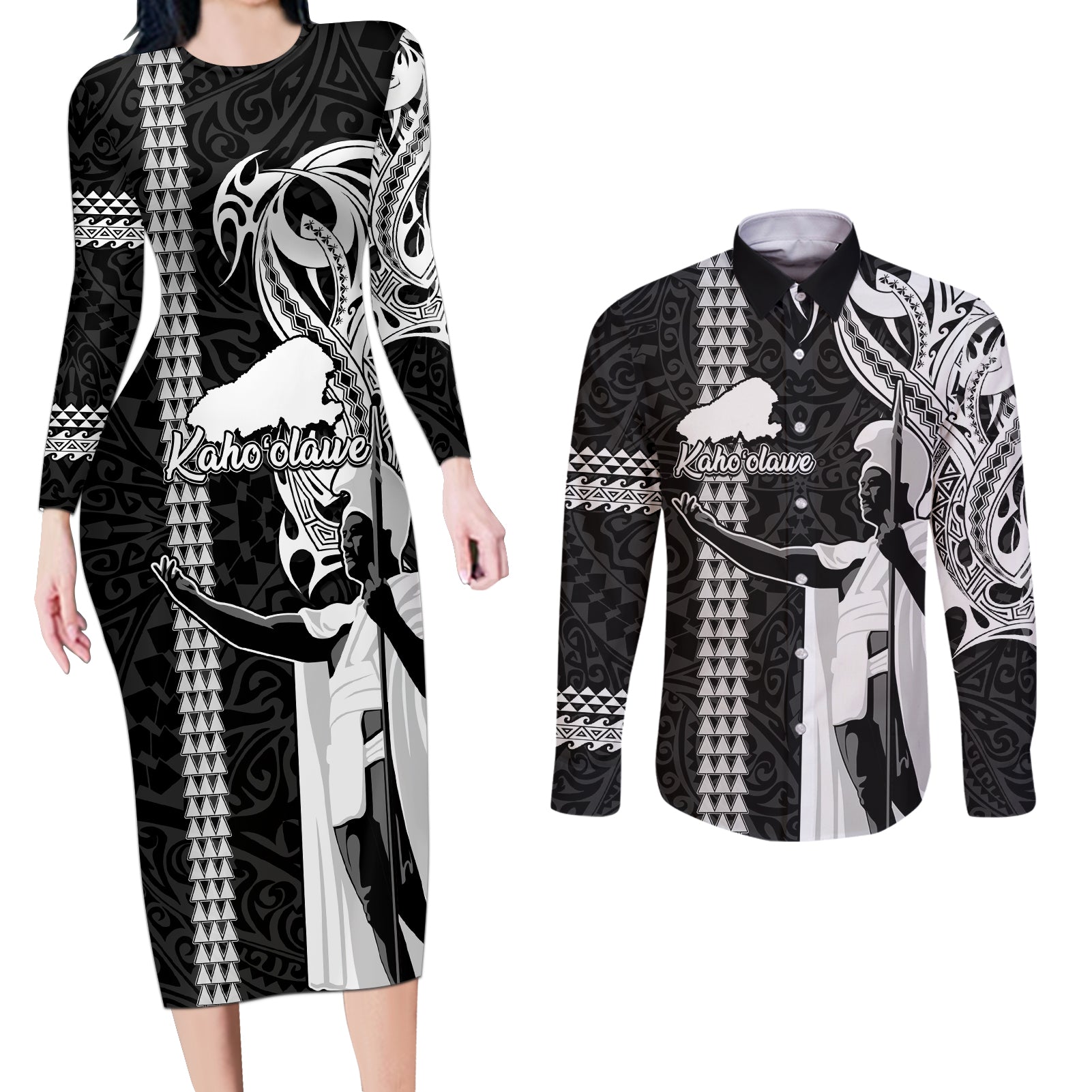 Hawaii Kahoolawe Island Couples Matching Long Sleeve Bodycon Dress and Long Sleeve Button Shirts Hawaiian King and Kakau Symbols Abstract Shoulder Tattoo LT03 Black - Polynesian Pride