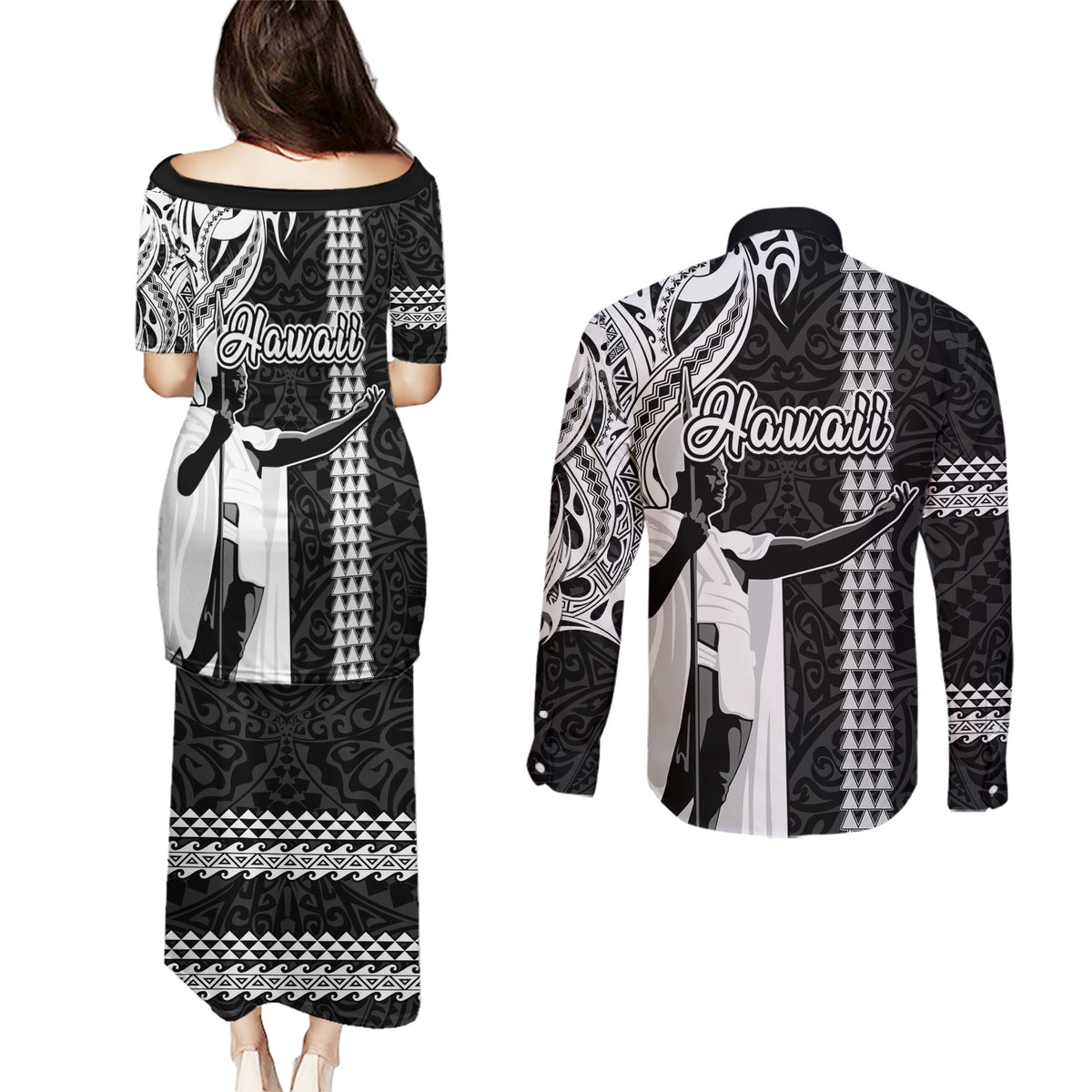 Hawaii Kahoolawe Island Couples Matching Puletasi Dress and Long Sleeve Button Shirts Hawaiian King and Kakau Symbols Abstract Shoulder Tattoo LT03 - Polynesian Pride