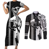 Hawaii Kahoolawe Island Couples Matching Short Sleeve Bodycon Dress and Long Sleeve Button Shirts Hawaiian King and Kakau Symbols Abstract Shoulder Tattoo LT03 Black - Polynesian Pride