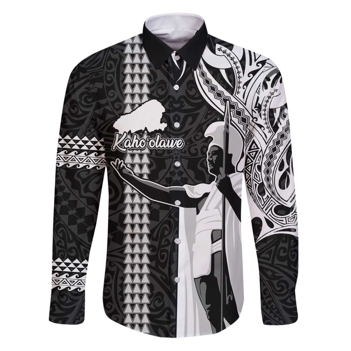 Hawaii Kahoolawe Island Family Matching Puletasi Dress and Hawaiian Shirt Hawaiian King and Kakau Symbols Abstract Shoulder Tattoo LT03 Dad's Shirt - Long Sleeve Black - Polynesian Pride