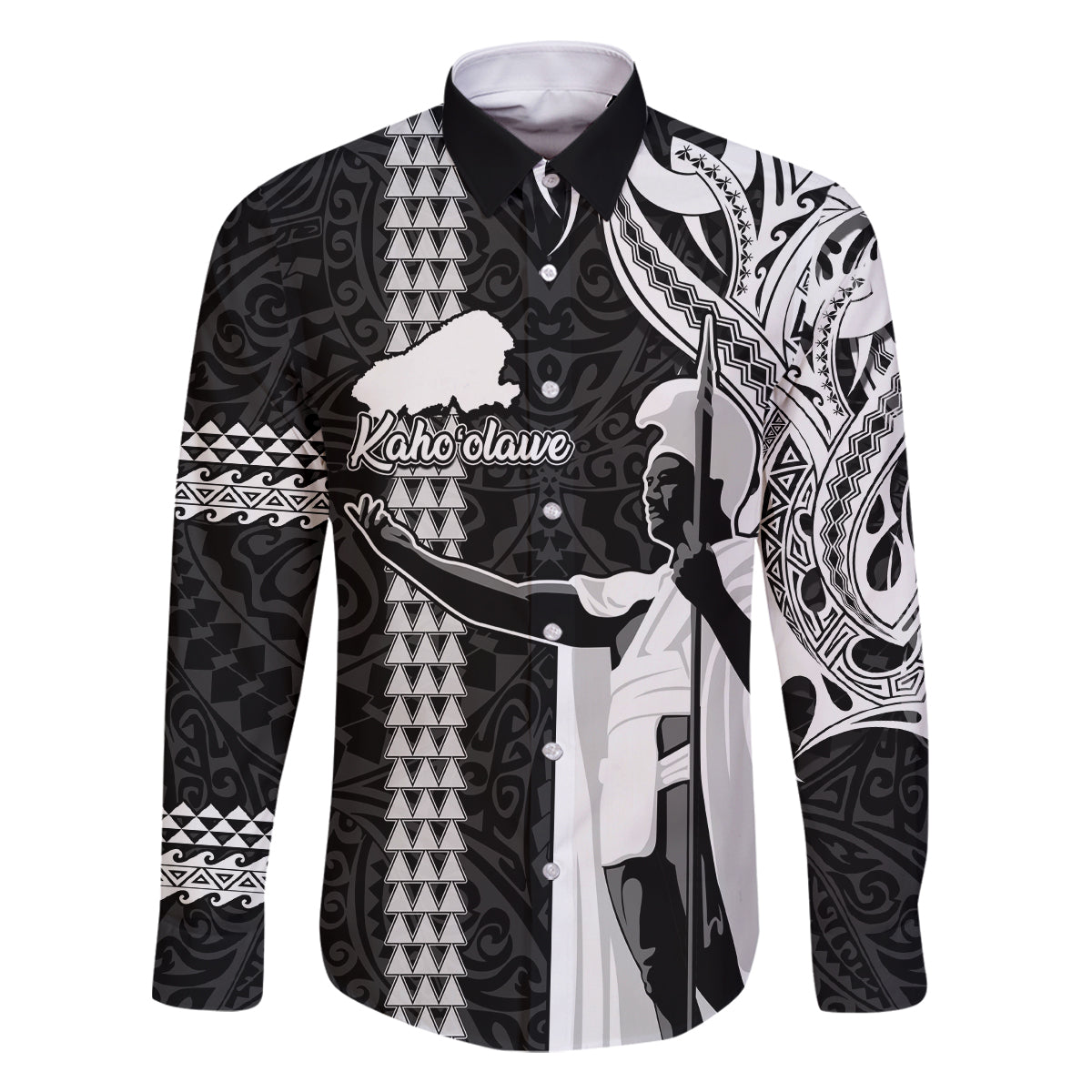 Hawaii Kahoolawe Island Family Matching Summer Maxi Dress and Hawaiian Shirt Hawaiian King and Kakau Symbols Abstract Shoulder Tattoo LT03 Dad's Shirt - Long Sleeve Black - Polynesian Pride