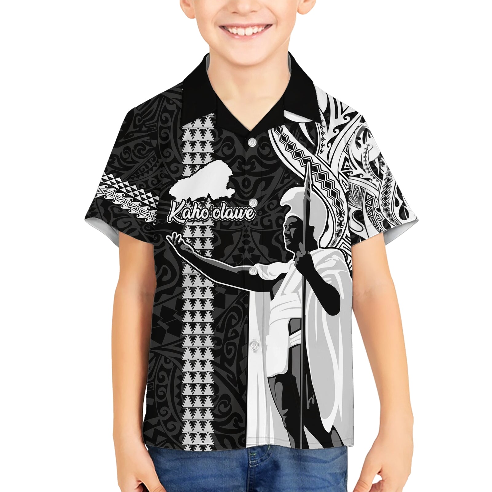 Hawaii Kahoolawe Island Kid Hawaiian Shirt Hawaiian King and Kakau Symbols Abstract Shoulder Tattoo LT03 Kid Black - Polynesian Pride