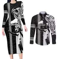 Custom Hawaii Kahoolawe Island Couples Matching Long Sleeve Bodycon Dress and Long Sleeve Button Shirts Hawaiian King and Kakau Symbols Abstract Shoulder Tattoo LT03 Black - Polynesian Pride