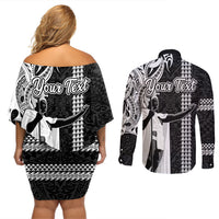 Custom Hawaii Kahoolawe Island Couples Matching Off Shoulder Short Dress and Long Sleeve Button Shirts Hawaiian King and Kakau Symbols Abstract Shoulder Tattoo LT03 - Polynesian Pride