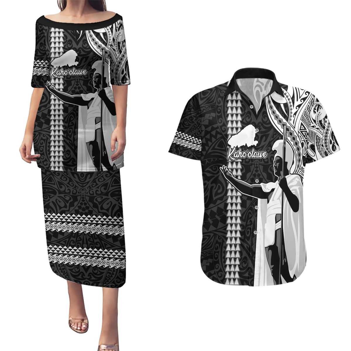 Custom Hawaii Kahoolawe Island Couples Matching Puletasi Dress and Hawaiian Shirt Hawaiian King and Kakau Symbols Abstract Shoulder Tattoo LT03 Black - Polynesian Pride