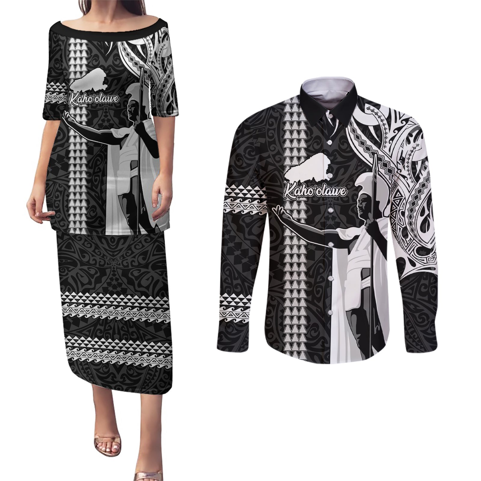 Custom Hawaii Kahoolawe Island Couples Matching Puletasi Dress and Long Sleeve Button Shirts Hawaiian King and Kakau Symbols Abstract Shoulder Tattoo LT03 Black - Polynesian Pride