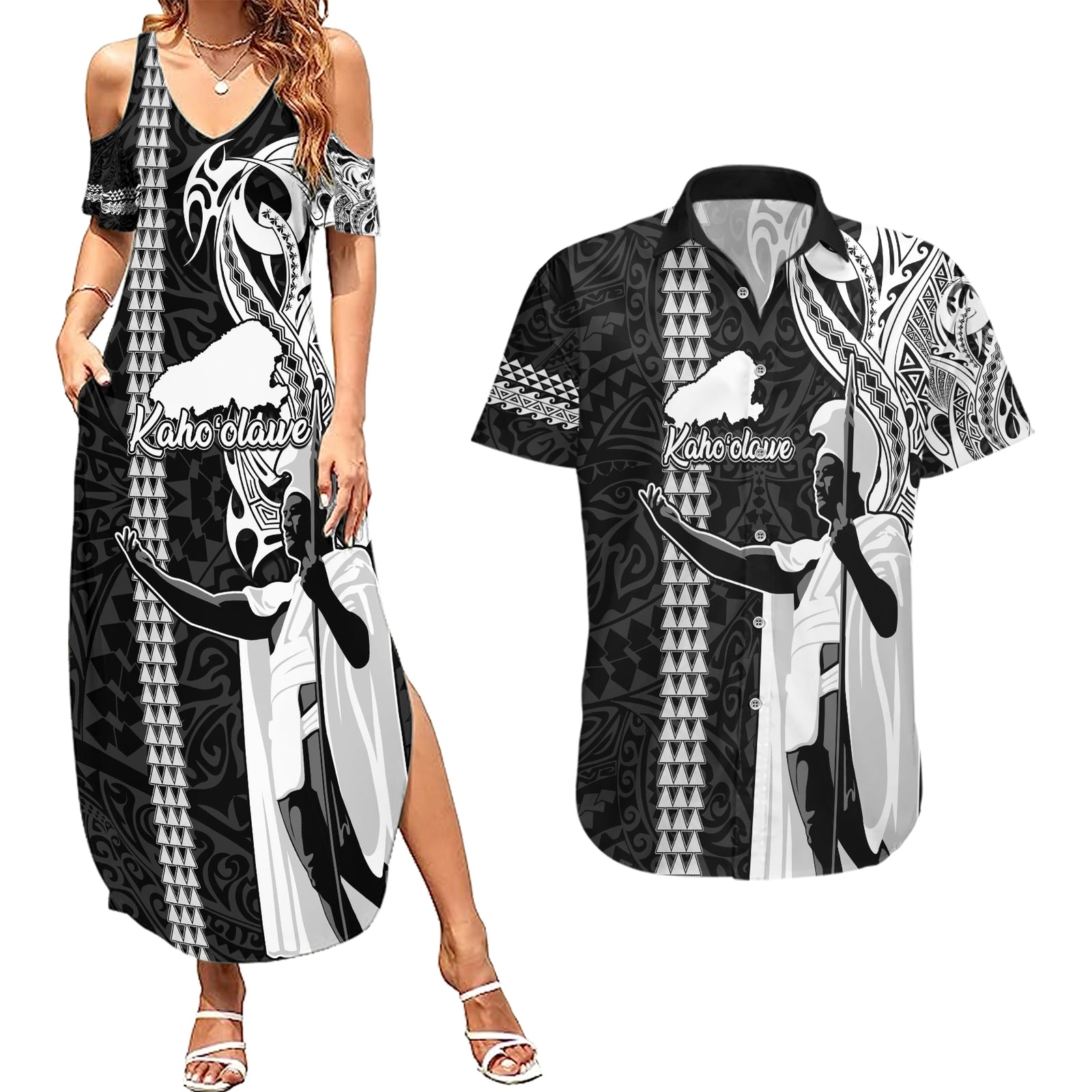 Custom Hawaii Kahoolawe Island Couples Matching Summer Maxi Dress and Hawaiian Shirt Hawaiian King and Kakau Symbols Abstract Shoulder Tattoo LT03 Black - Polynesian Pride