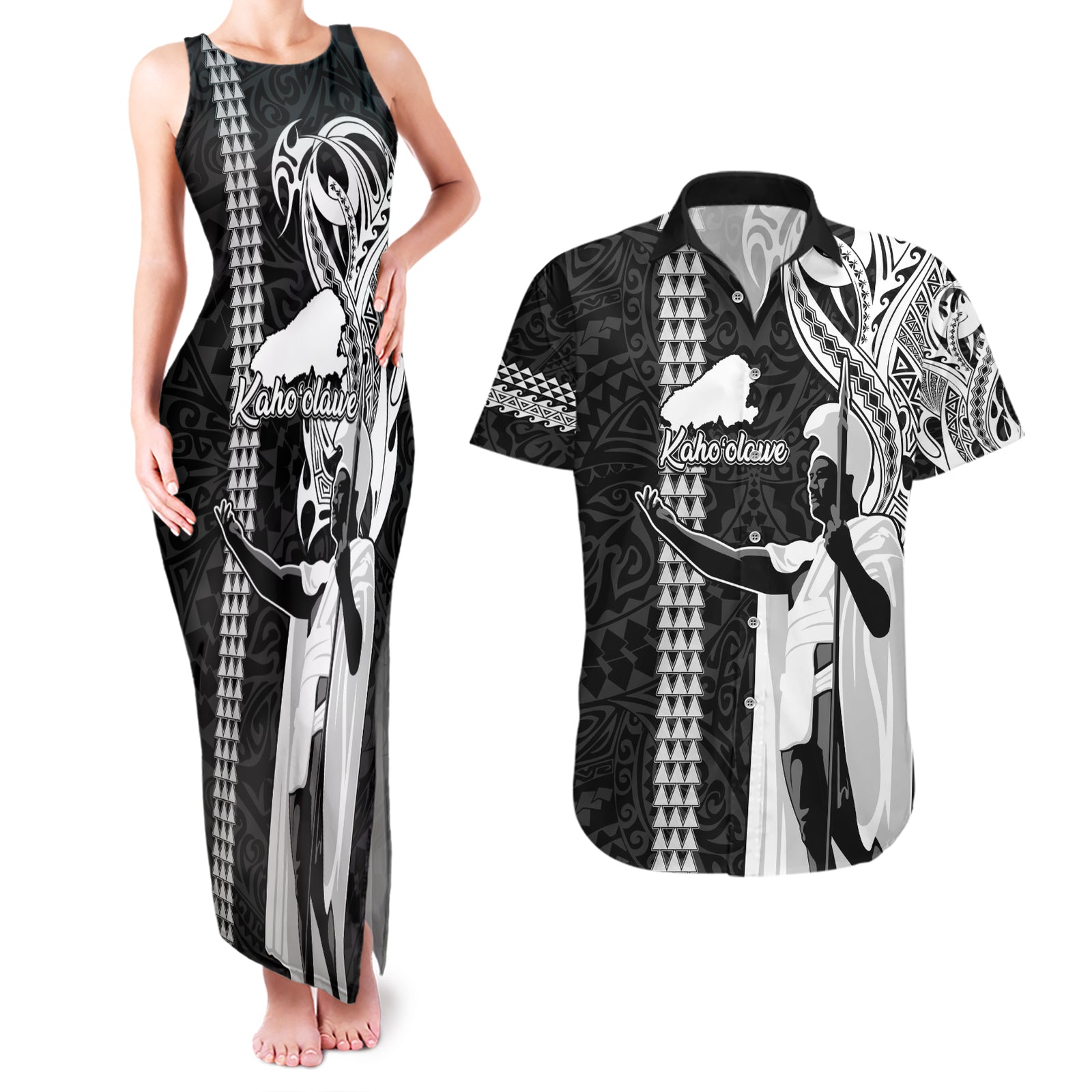 Custom Hawaii Kahoolawe Island Couples Matching Tank Maxi Dress and Hawaiian Shirt Hawaiian King and Kakau Symbols Abstract Shoulder Tattoo LT03 Black - Polynesian Pride