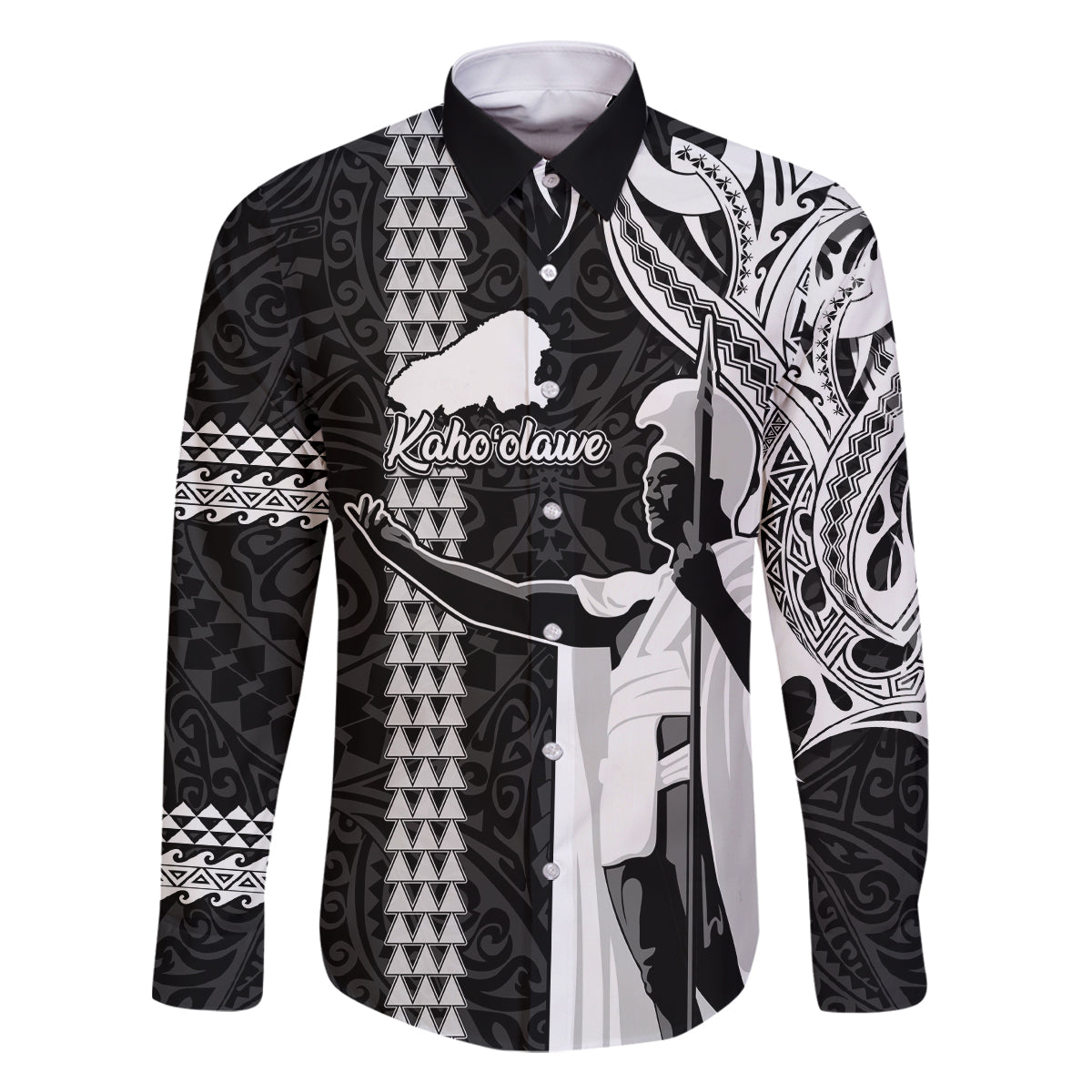 Custom Hawaii Kahoolawe Island Family Matching Off Shoulder Long Sleeve Dress and Hawaiian Shirt Hawaiian King and Kakau Symbols Abstract Shoulder Tattoo LT03 Dad's Shirt - Long Sleeve Black - Polynesian Pride