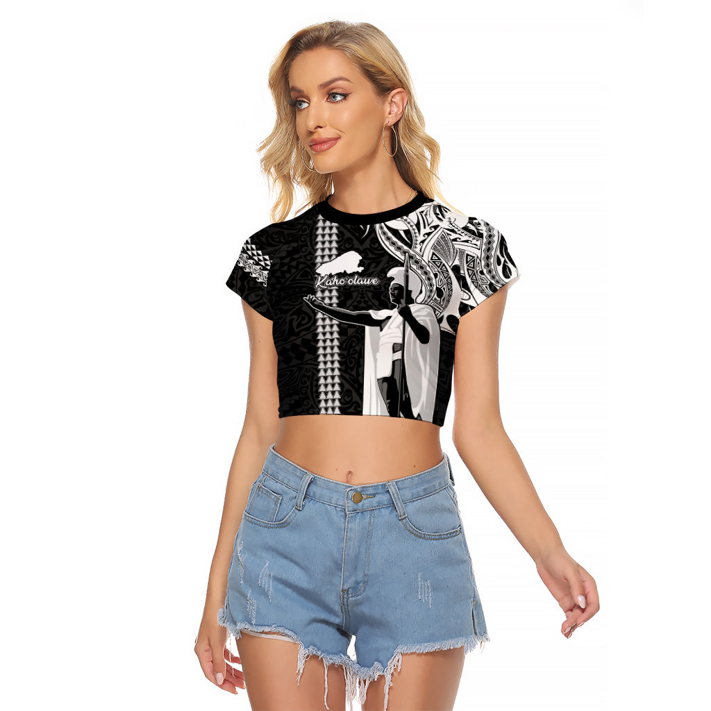 Custom Hawaii Kahoolawe Island Raglan Cropped T Shirt Hawaiian King and Kakau Symbols Abstract Shoulder Tattoo LT03 Female Black - Polynesian Pride