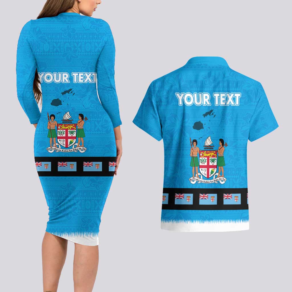 Fiji Merry Christmas Couples Matching Long Sleeve Bodycon Dress and Hawaiian Shirt Santa Suit Style With Tapa Tribal Pattern