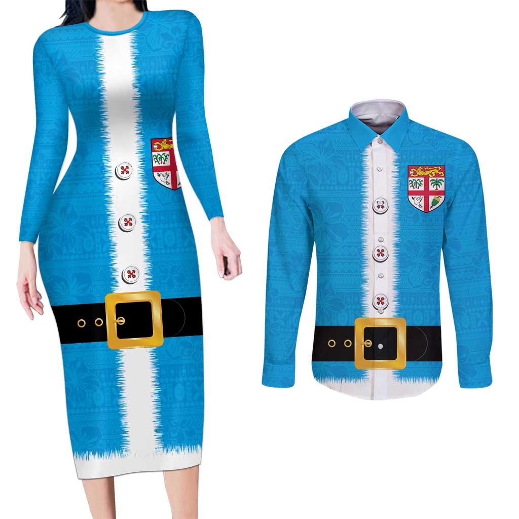Fiji Merry Christmas Couples Matching Long Sleeve Bodycon Dress and Long Sleeve Button Shirt Santa Suit Style With Tapa Tribal Pattern