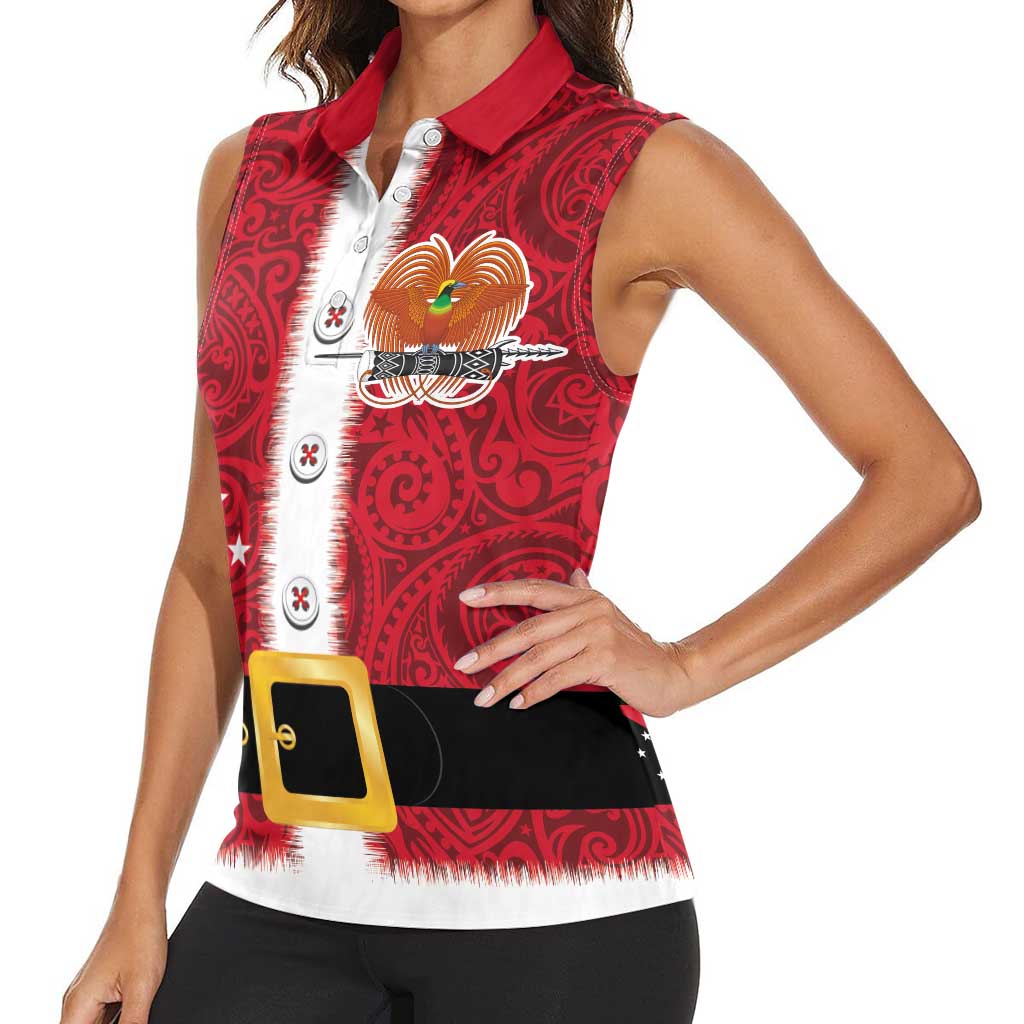 Papua New Guinea Merry Christmas Women Sleeveless Polo Shirt Santa Suit Style With Melanesian Pattern