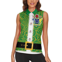 Cook Islands Merry Christmas Women Sleeveless Polo Shirt Santa Suit Style With Polynesian Pattern