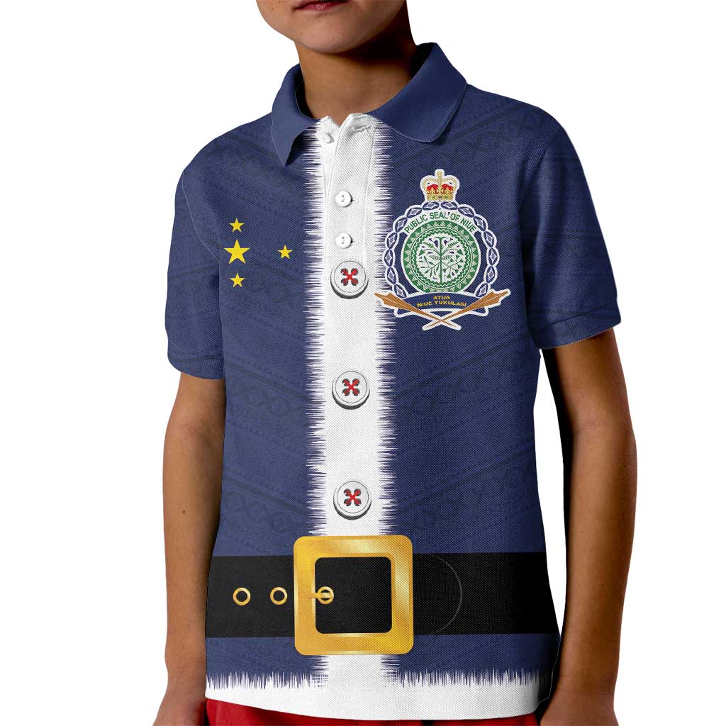 Niue Merry Christmas Kid Polo Shirt Santa Suit Style With Hiapo Pattern LT03 Kid Blue - Polynesian Pride