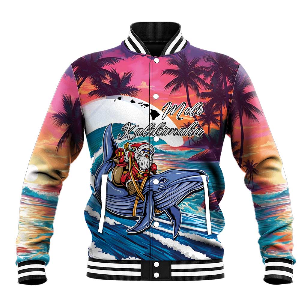 Hawaiian Mele Kalikimaka Baseball Jacket Santa Claus Driving The Whale with Sunset Ocean Landscape LT03 Unisex Blue - Polynesian Pride